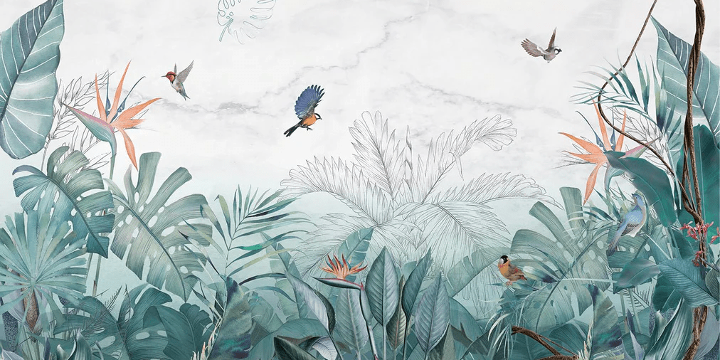 Papier peint Jungle Bleu Marbre - H100cm x L200cm - Matière Softouch