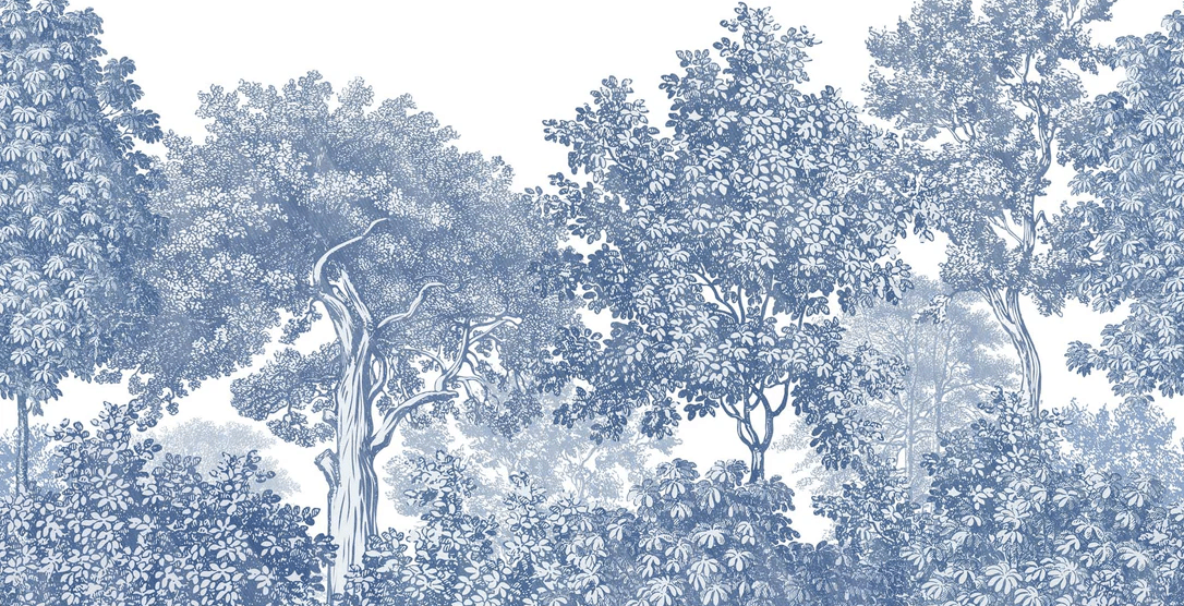 Papier peint Paysage Forêt Gravure Bleu - H120cmx L234cm - Matière Softouch
