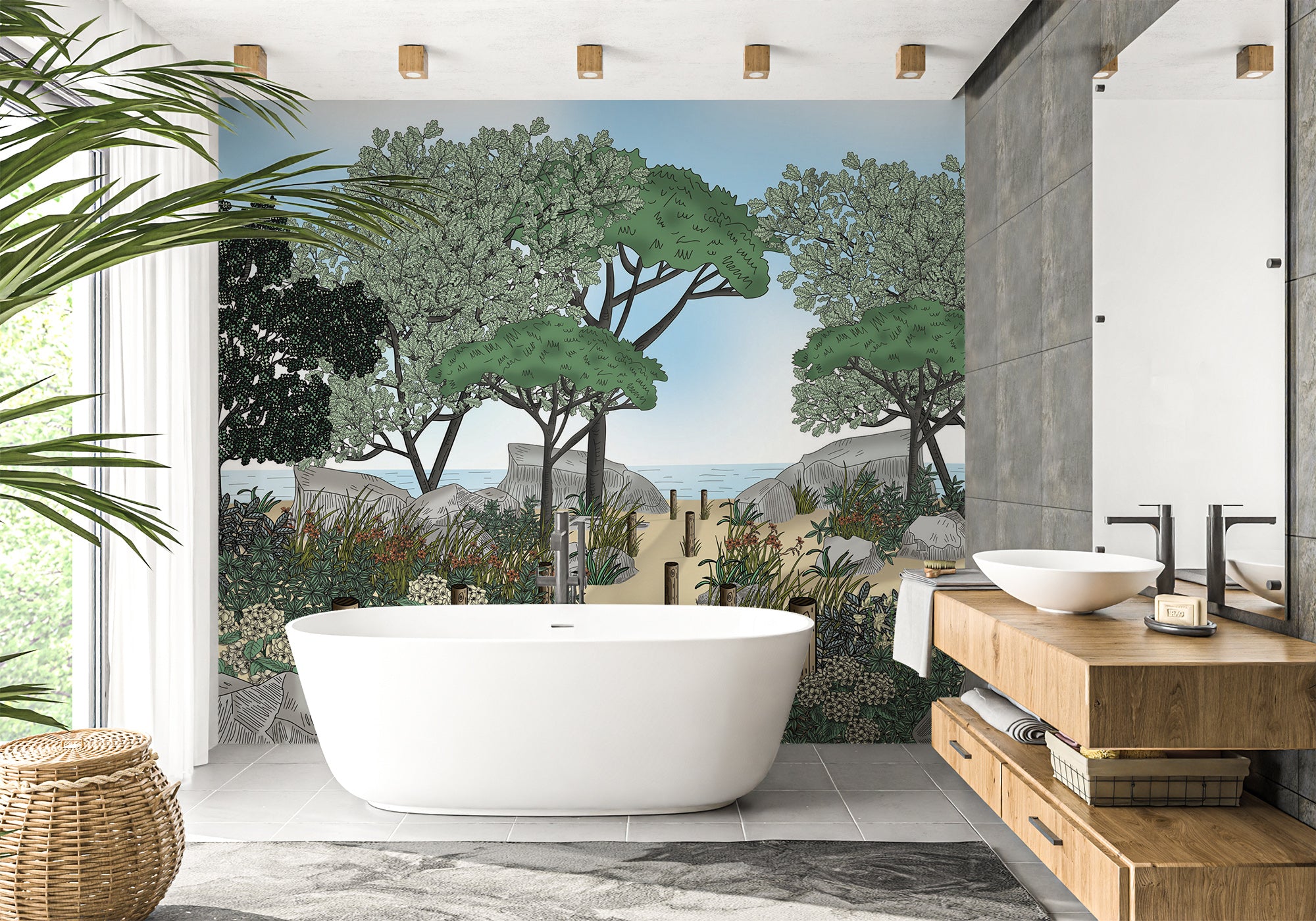 papier peint salle de bain nature