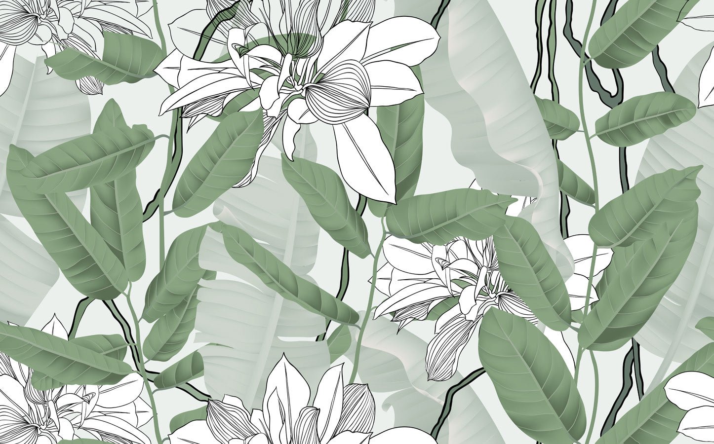 Papier peint salle de bain feuillage nature vert fleur NB, mural concept, tendance