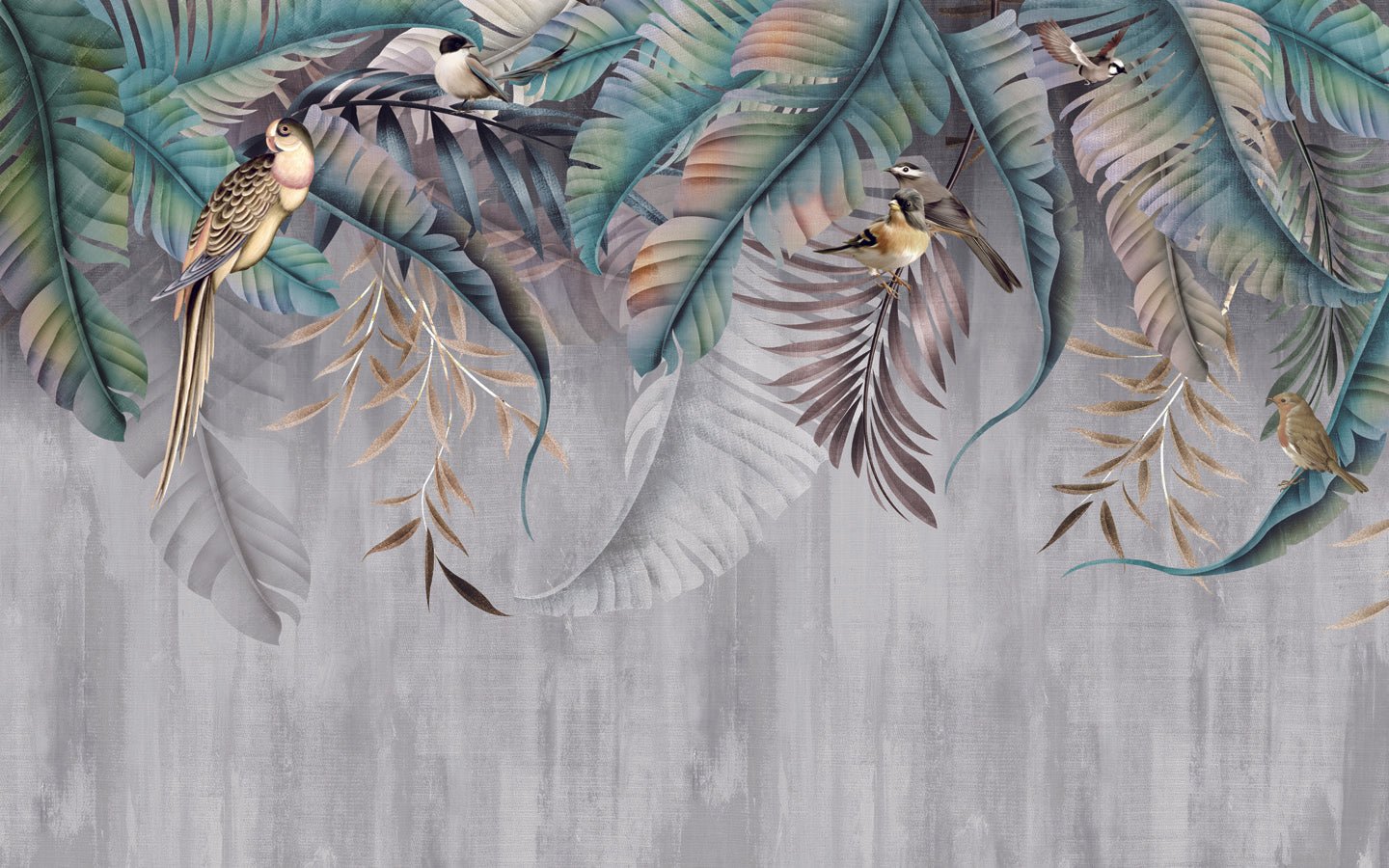 Papier peint wc Feuilles & Birds, mural concept, tendance