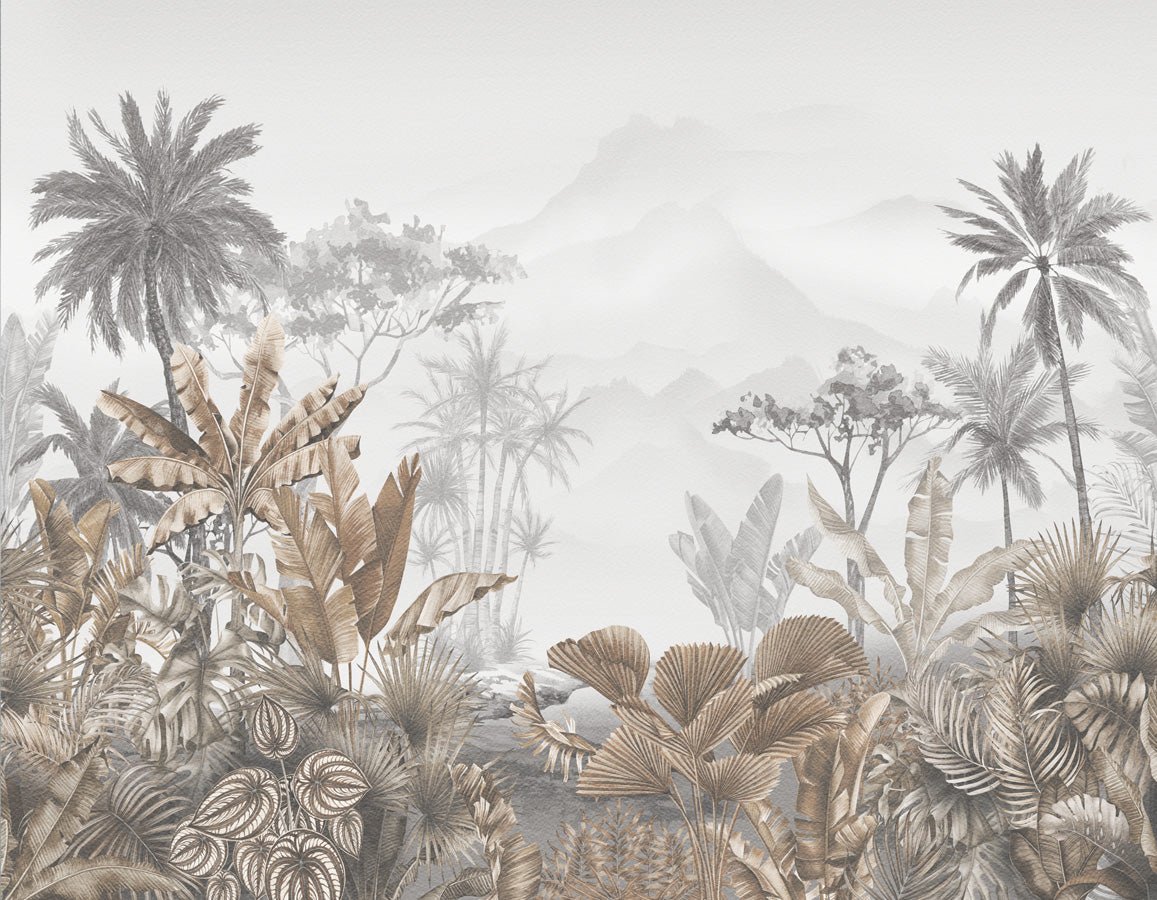 Papier peint salle de bain tendance tropical sépia, mural concept, tendance
