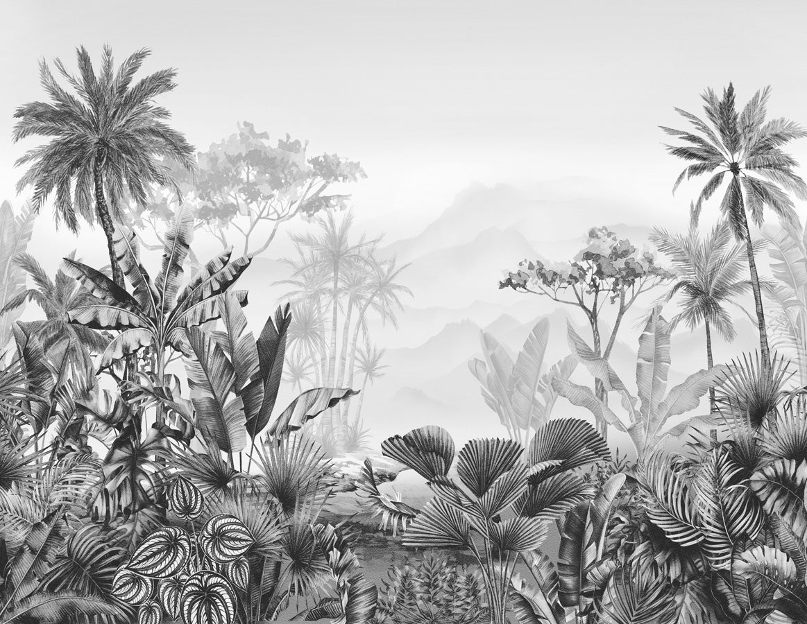 Papier peint salle de bain tendance tropical noir et blanc, mural concept, tendance
