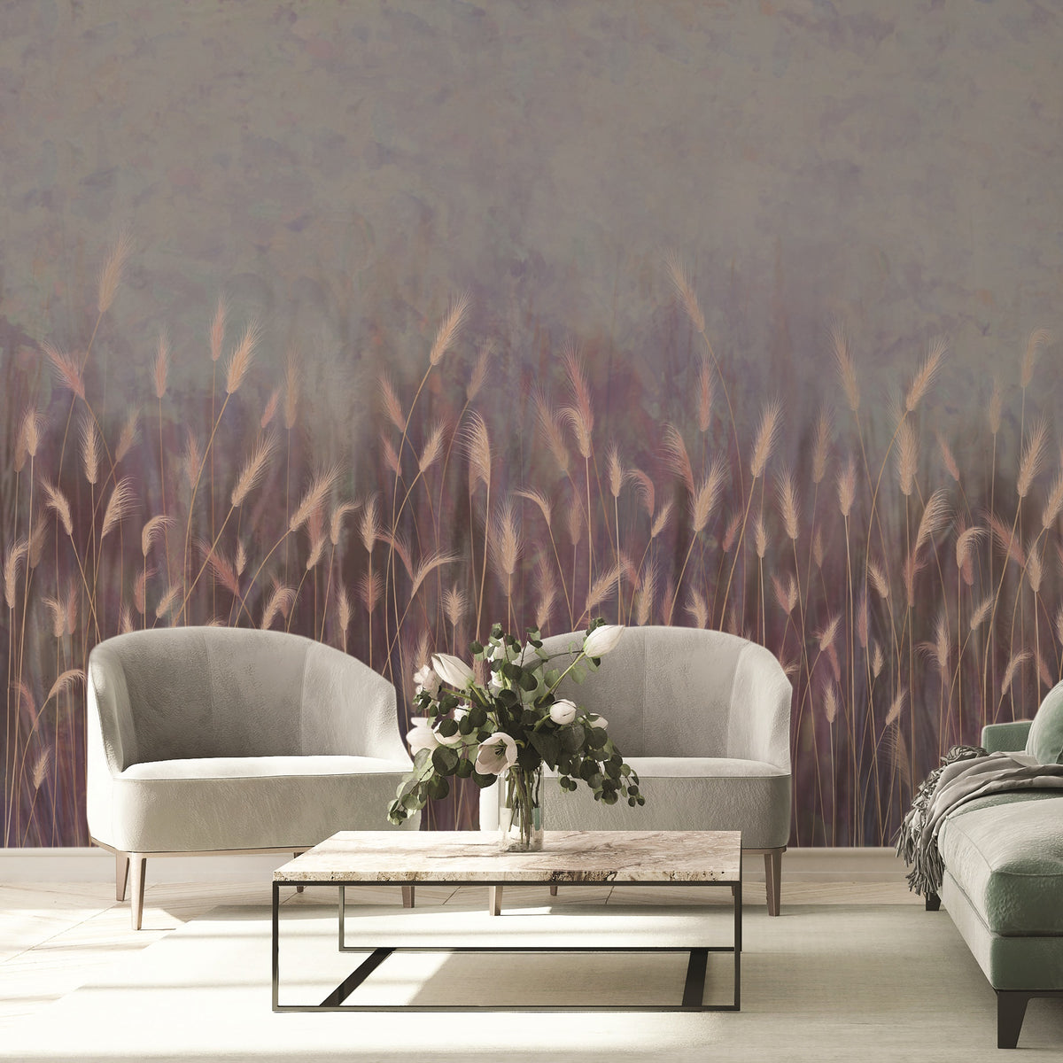Papier peint panoramique herbes sauvages rose