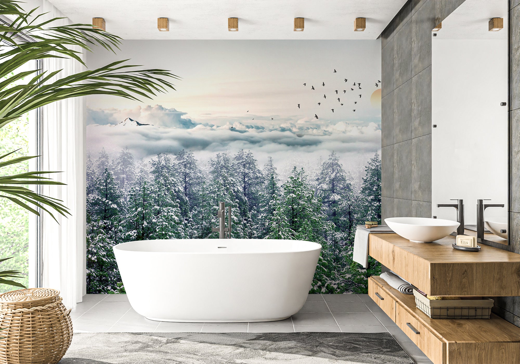 Papier peint salle de bain forêt de sapin neige, mural concept, tendance
