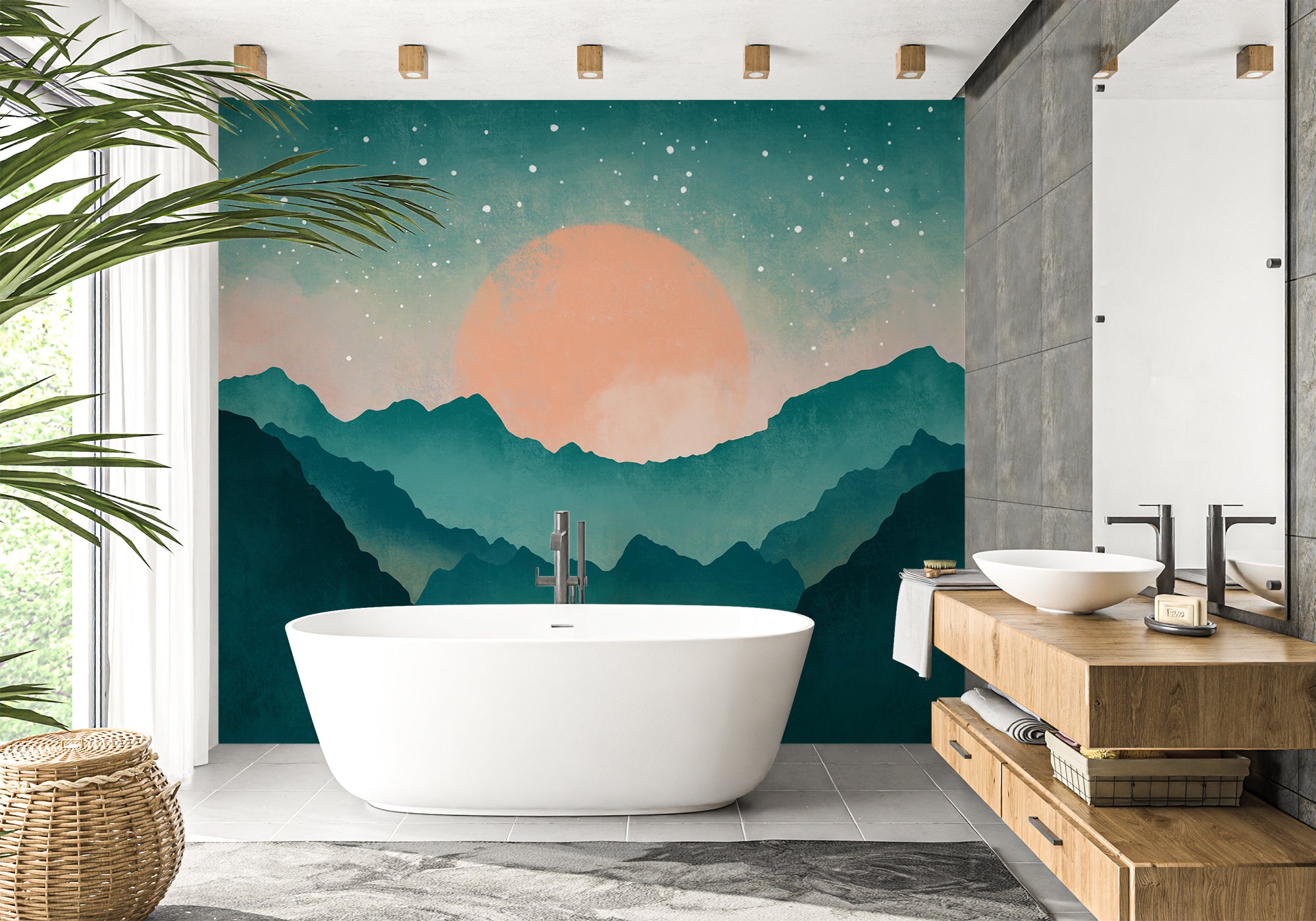 Papier peint salle de bain montagne brume turquoise, mural concept, tendance