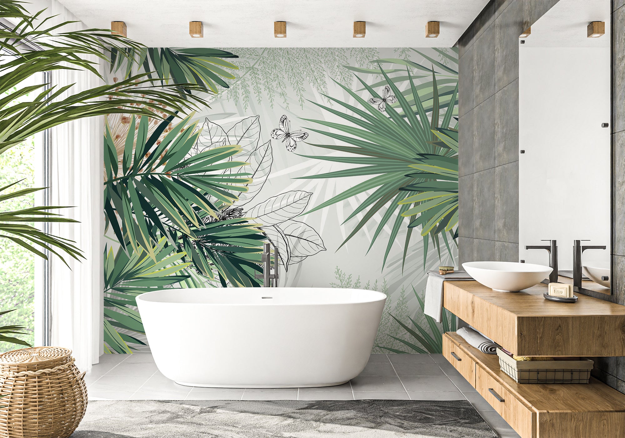 Papier peint salle de bain nature green palm, mural concept, tendance