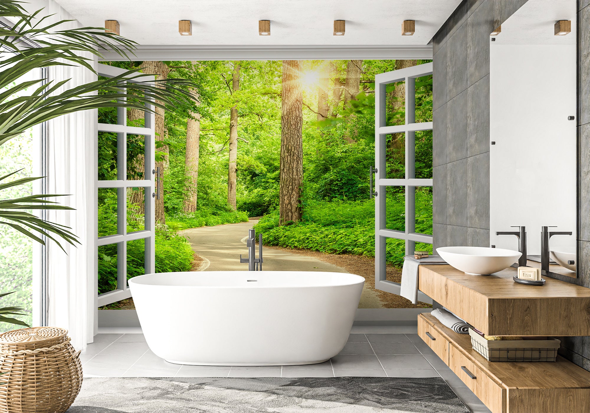 Papier peint salle de bain trompe l’œil balade en forêt, mural concept, tendance