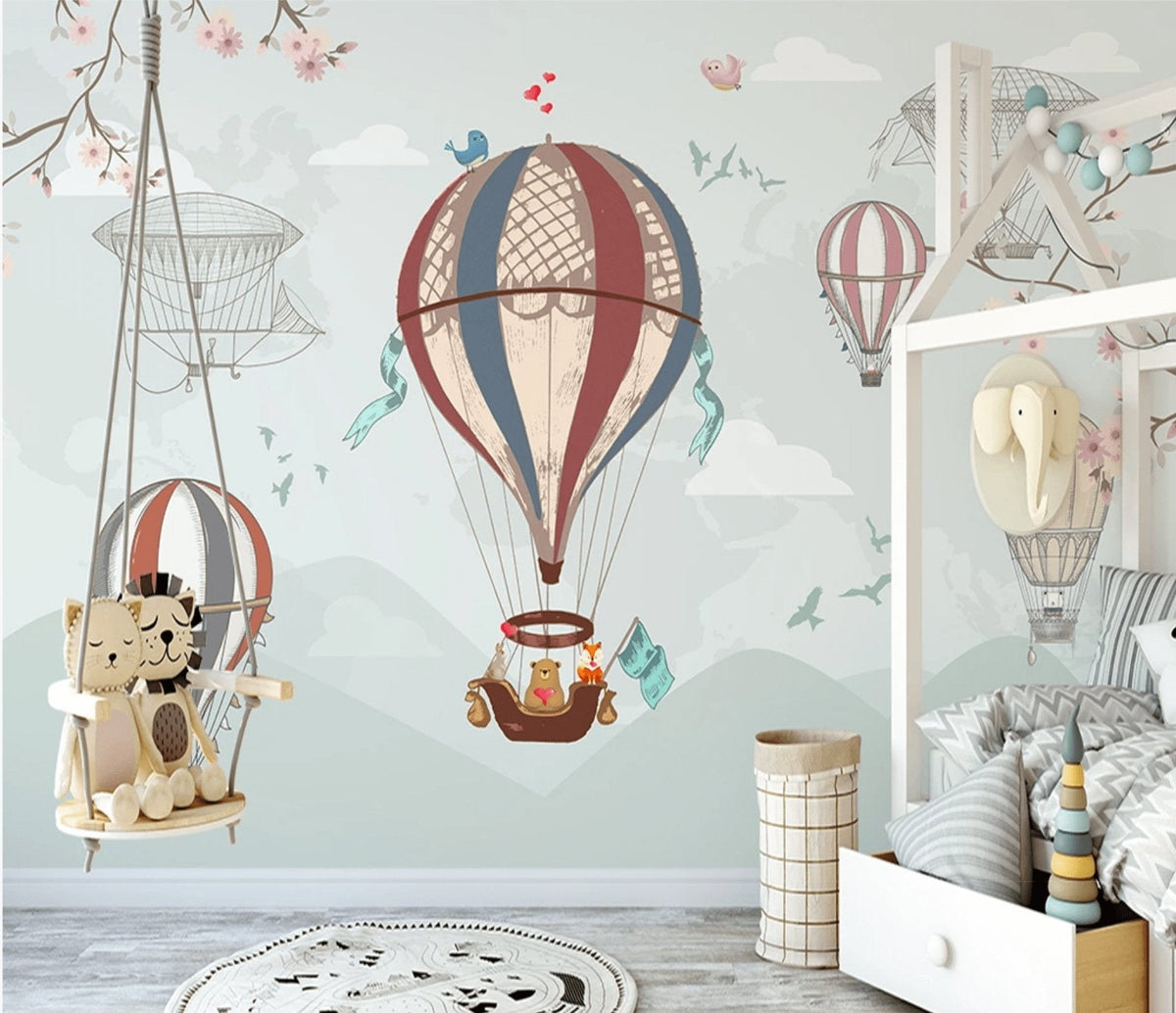 Papier peint enfant vintage montgolfière et animaux