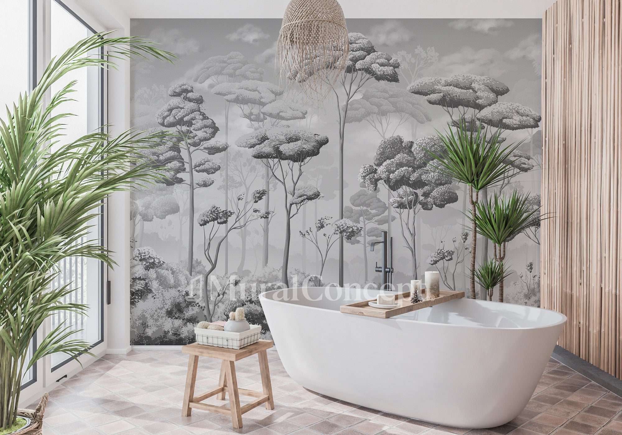 Papier peint salle de bain pinèdes noir et blanc - panoramique français