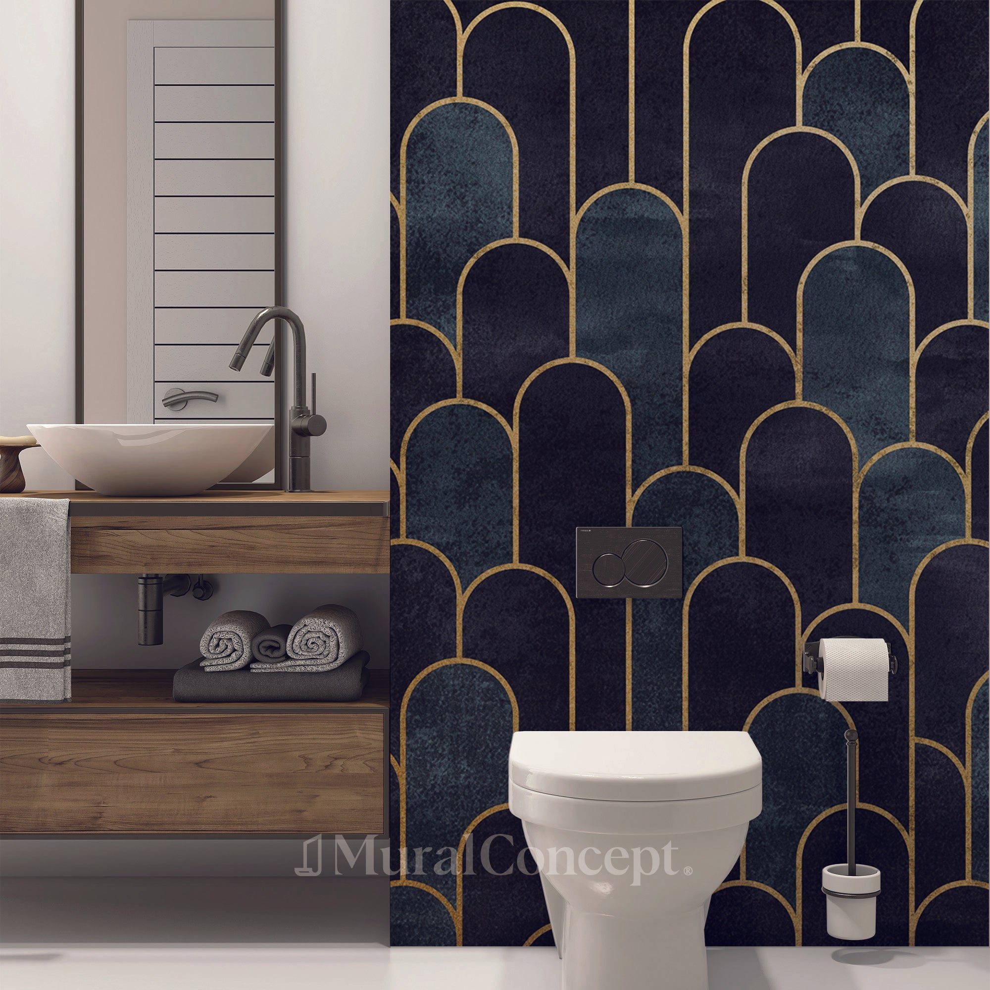 Papier peint toilette dark blue chic - panoramique sur mesure francais - muralconcept