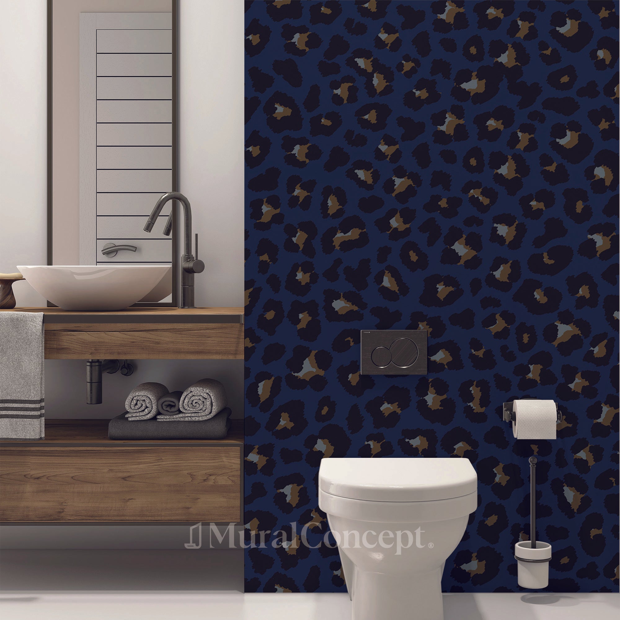Papier peint toilette design léopard - panoramique sur mesure francais - muralconcept